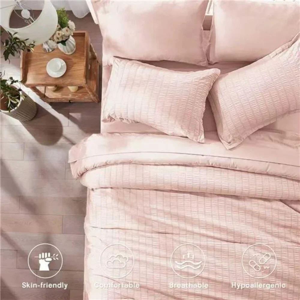New Full Comforter Set 7 Pieces, Pink Seersucker Bed in a Bag with Comforter